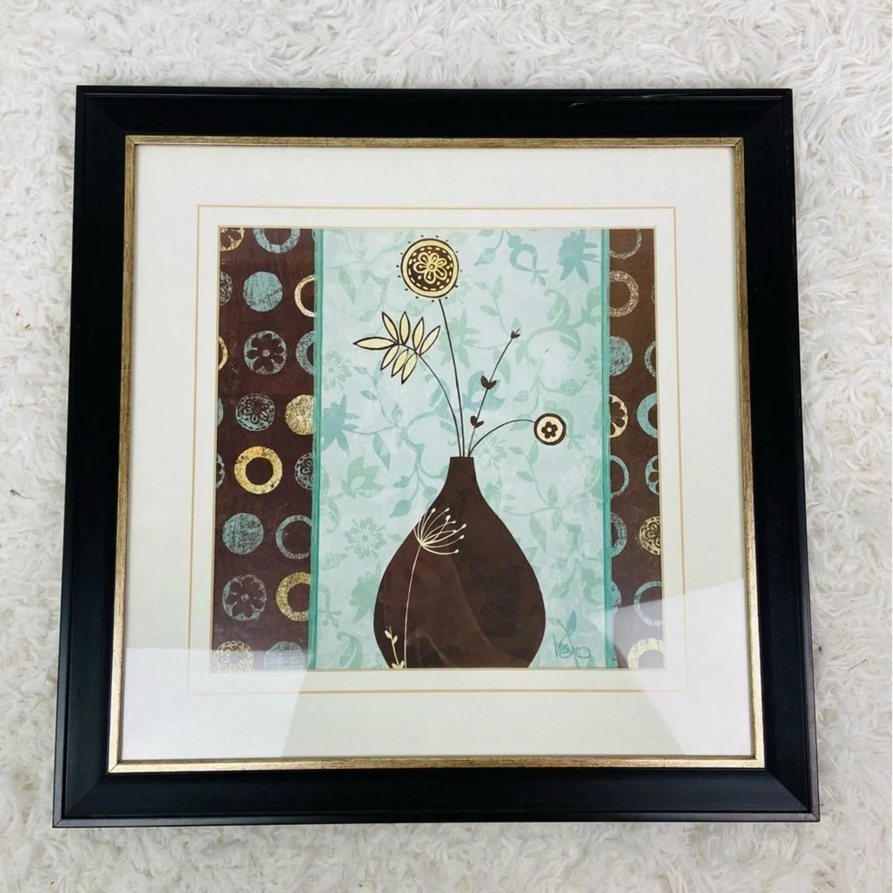 UNBRANDED made in the USA glass framed green & brown vase flower art piece